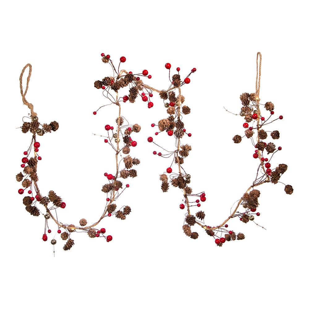 Kurt Adler 6-Foot Battery-Operated Pinecone and Red Berry Rope Garland